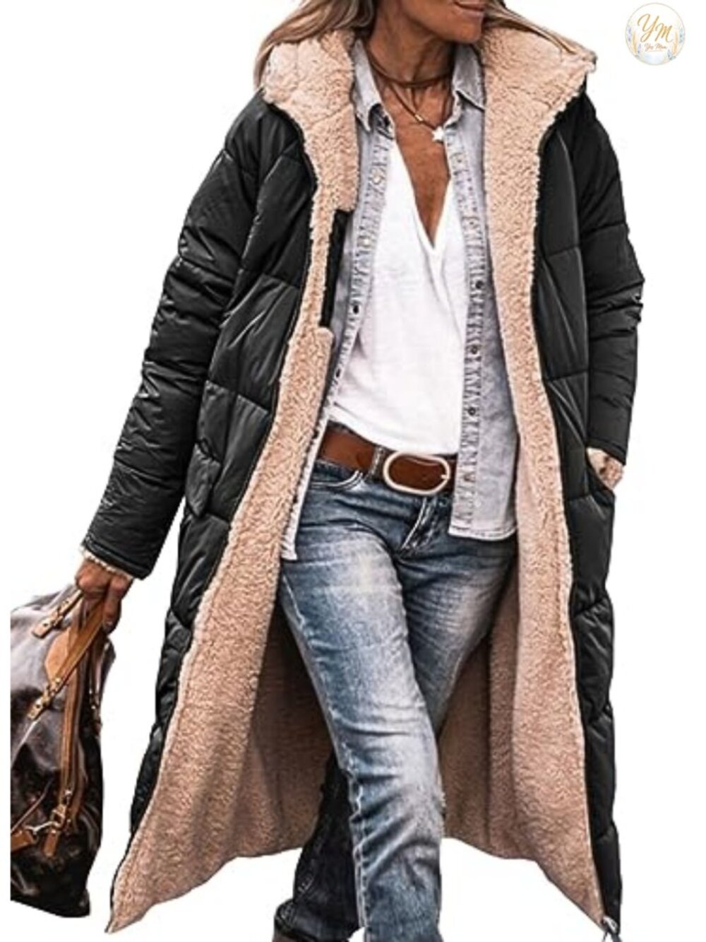 Women's Winter Sherpa Fleece Full Zip Long Puffer Coat with Pockets